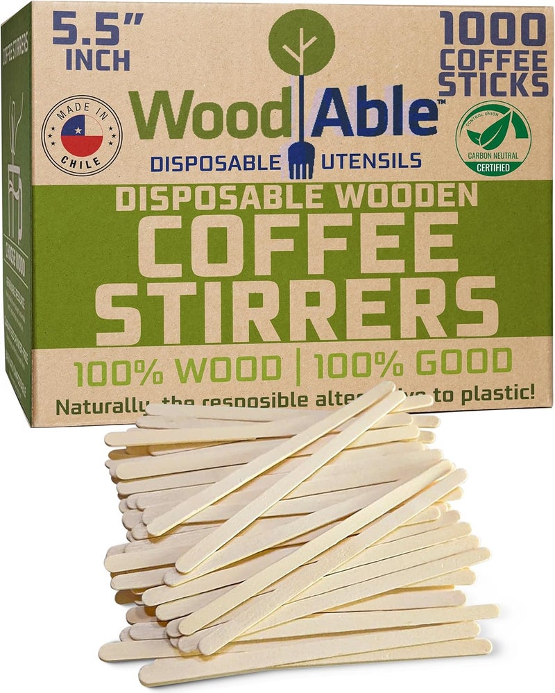WOODABLE 5.5 Inch Wooden Coffee Stirrers, 1000 Count, Disposable & Compostable Wood Coffee Stick Stirrers | Eco-Friendly, Sustainable, Organic, Biodegradable, Vegan-Friendly Coffee Station Supplies - Image 1